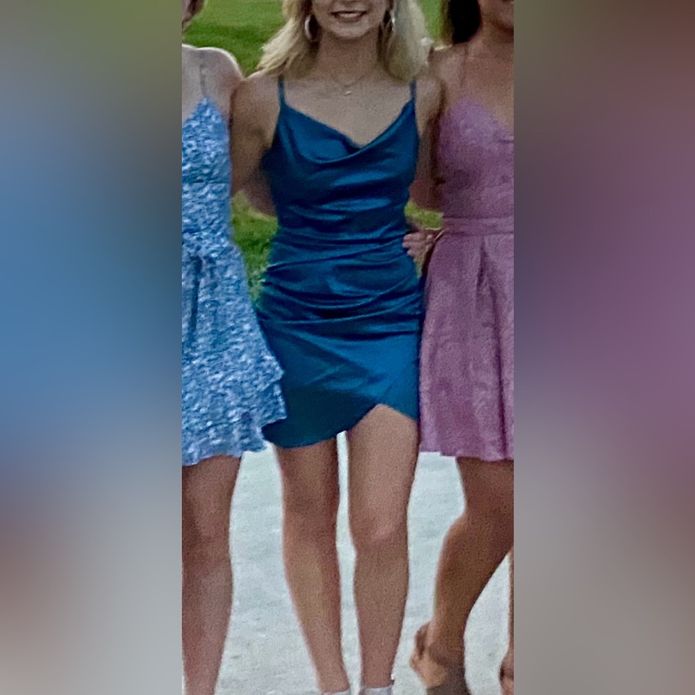 Honey and Rosie blue/teal stretch satin bodycon mini dress in size Small. GUC.